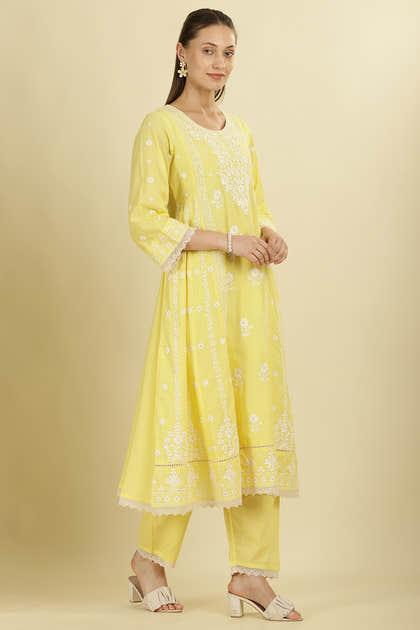 Pale Yellow Cotton Resham Floral Embroidered Anarkali Suit Set