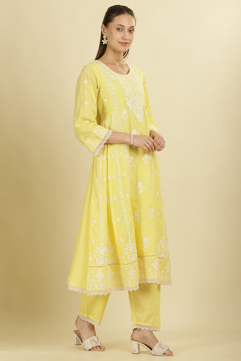 Pale Yellow Cotton Resham Floral Embroidered Anarkali Suit Set