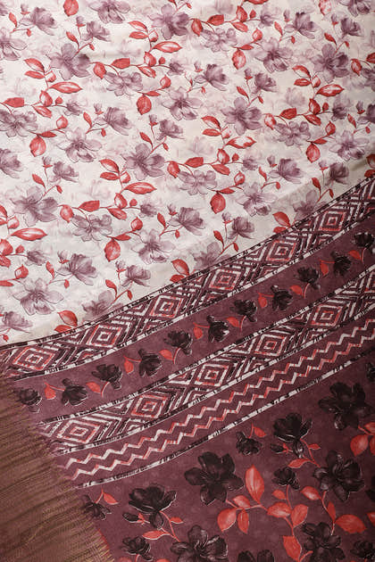 Mauve & Red Colour Floral Printed Cotton Silk Saree