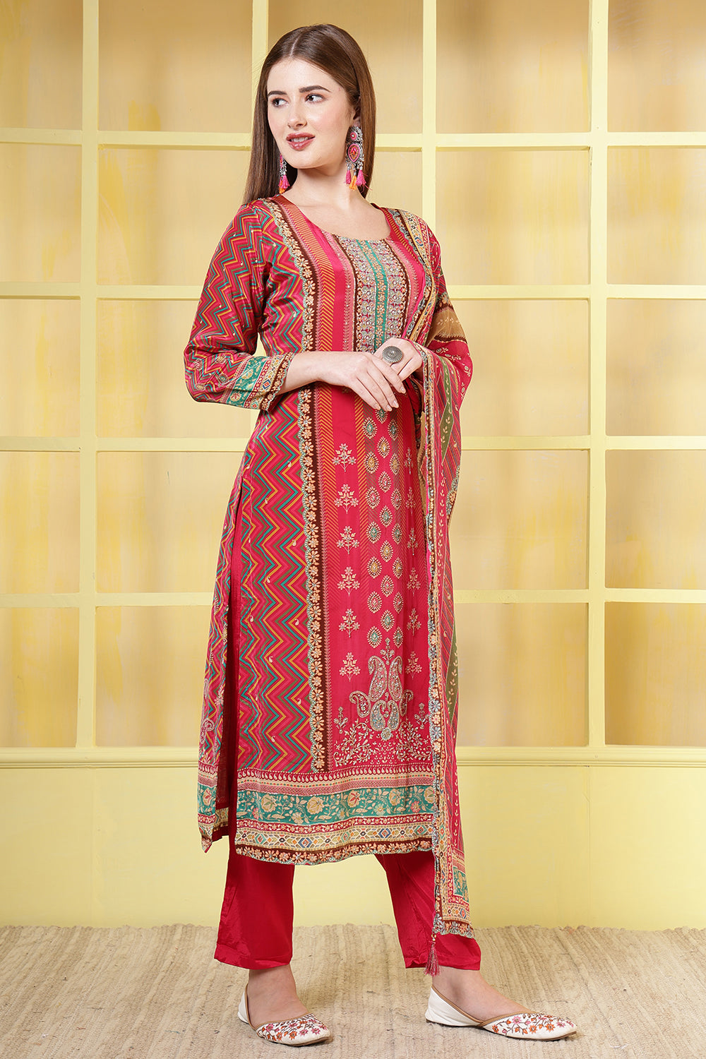 Magenta Crepe Silk Printed Straight Suit