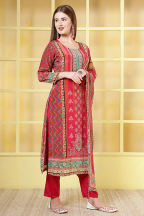 Magenta Crepe Silk Printed Straight Suit