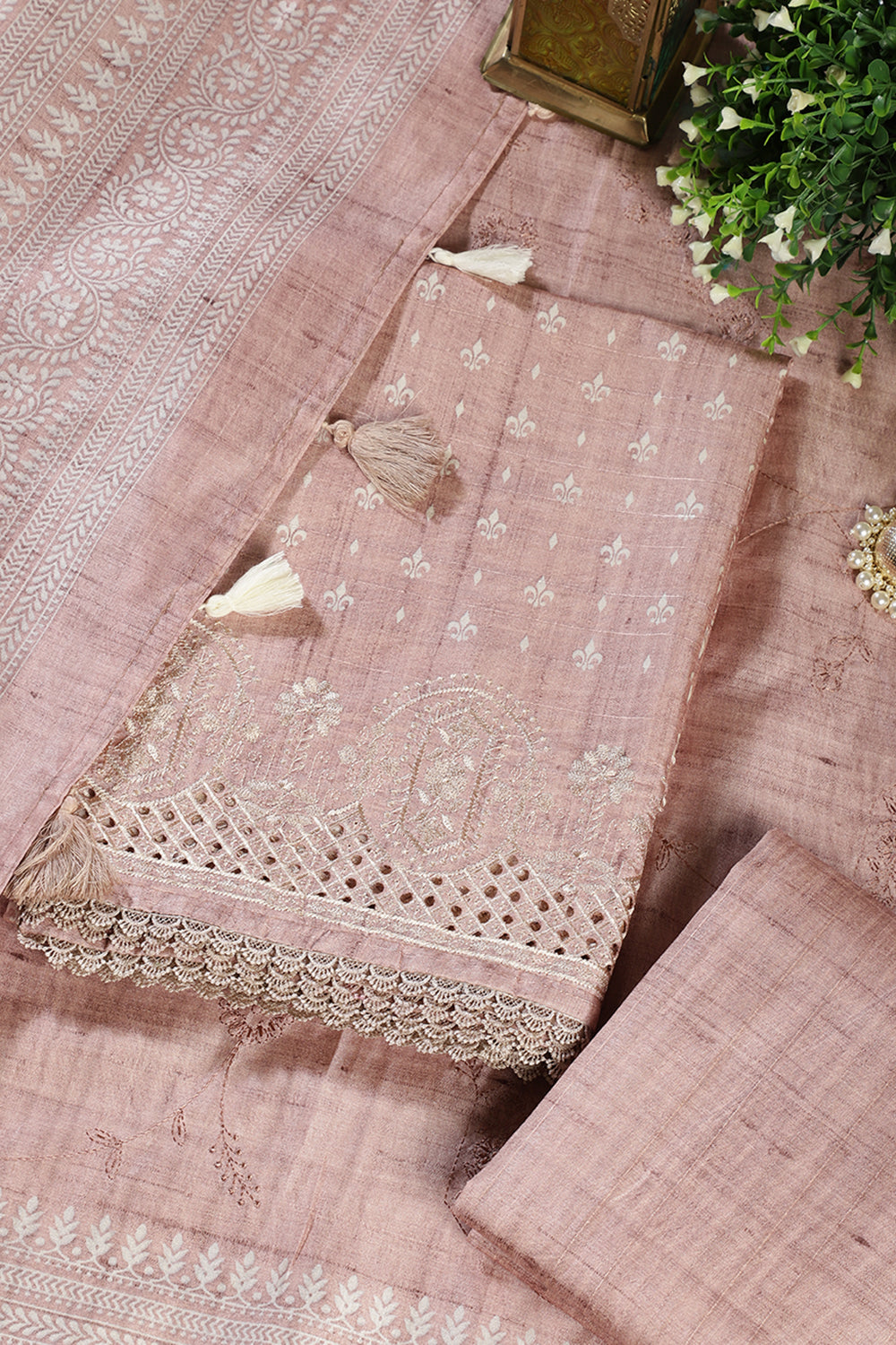 Light Peach Tussar Cotton Printed And Reham Embroidered Unstiched Suit Material