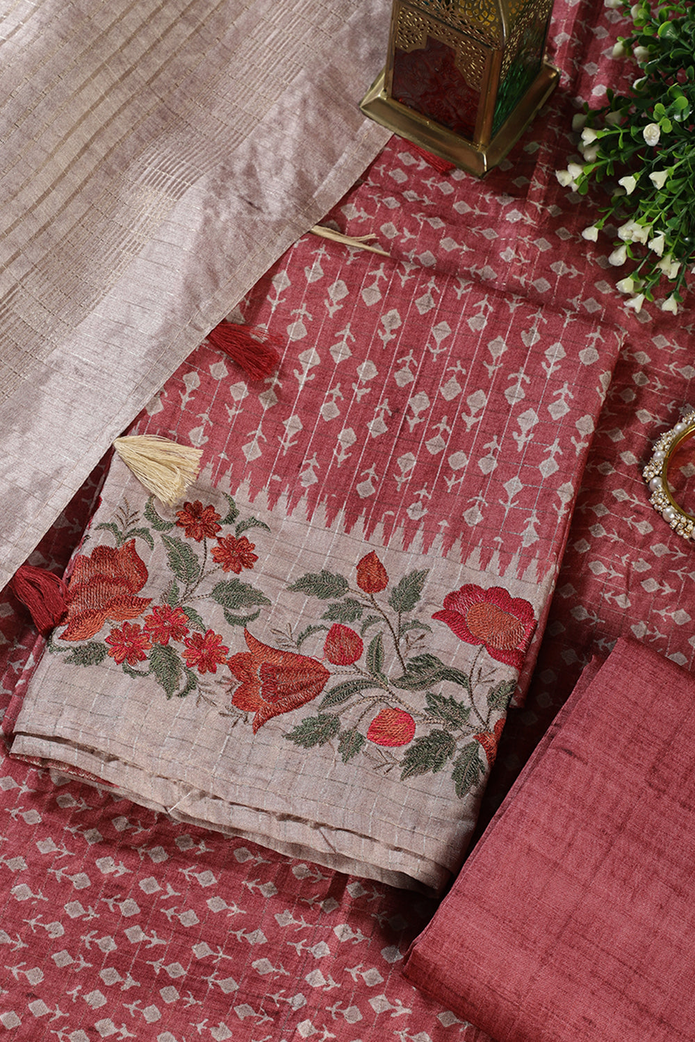 Light Maroon Tussar Cotton Printed And Floral Embroidered Unstiched Suit Material