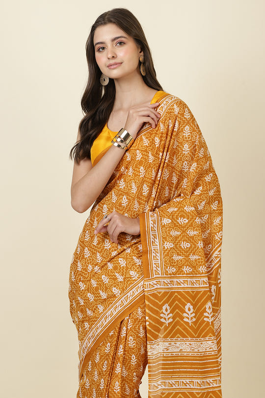 Mustard Cotton Dhabu Printed Saree