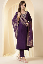 Purple Color Silk Neck Embroidered Suit Set