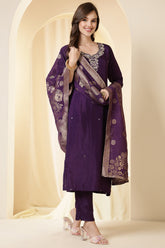 Purple Color Silk Neck Embroidered Suit Set