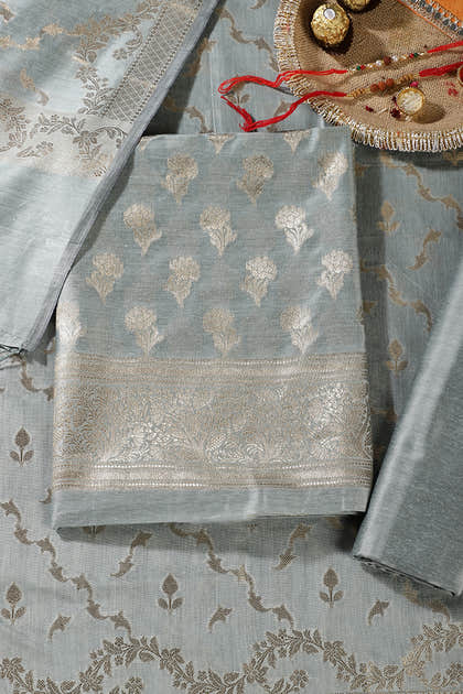 Sea Green Silk Zari Woven Unstitched Suit Material
