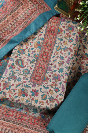 Firozi Color Pashmina Floral Printed Unstitched Suit Fabric