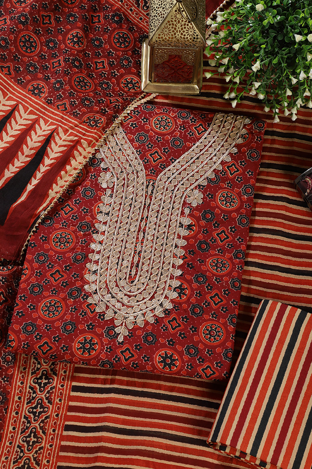 Maroon Cotton Printed & Neck Embroidered Unstitched Suit Material