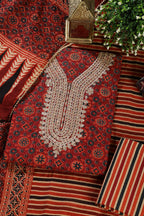 Maroon Cotton Printed & Neck Embroidered Unstitched Suit Material