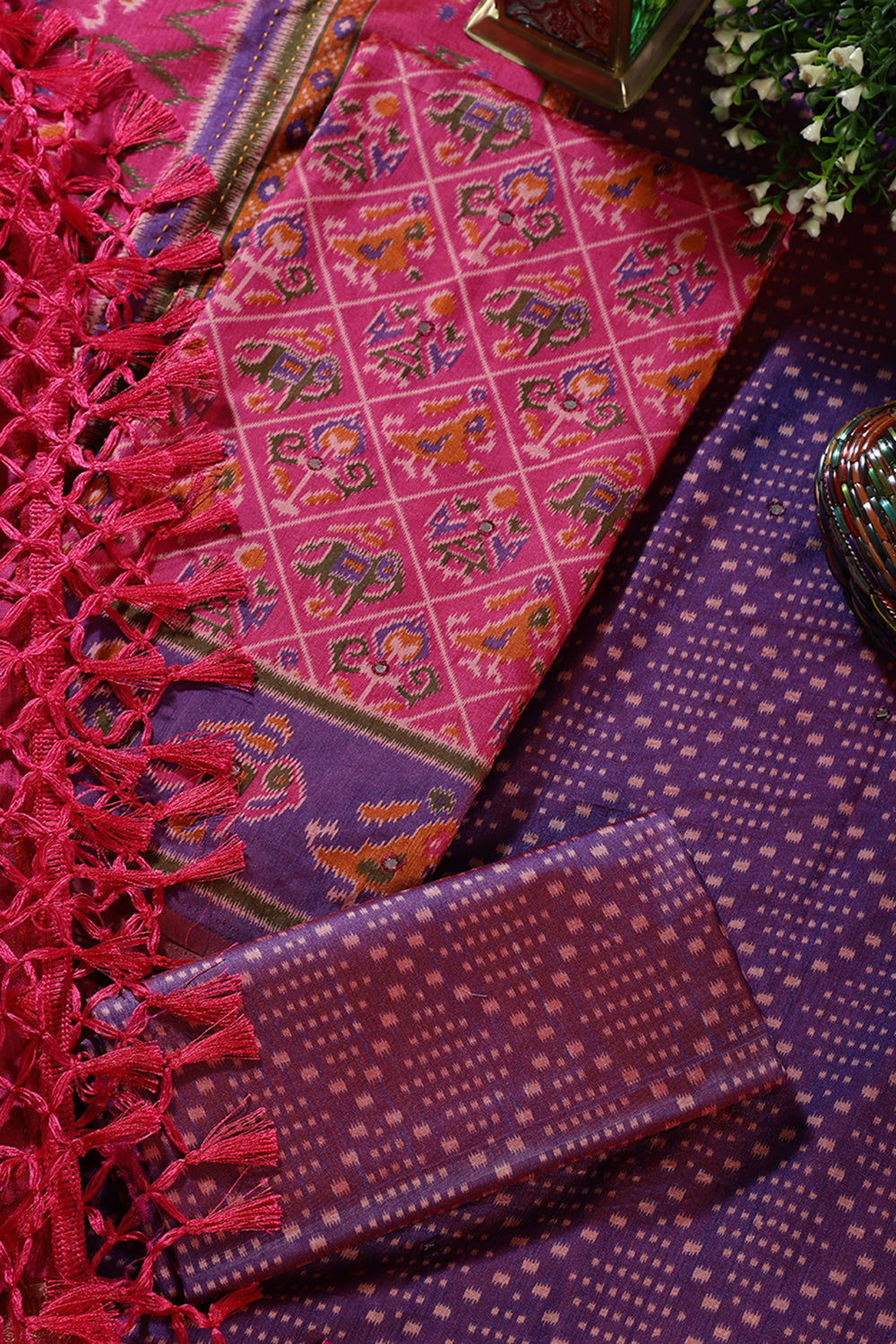 Fuchsia Crepe Silk Woven Embroidered Unstitched Suit Fabric