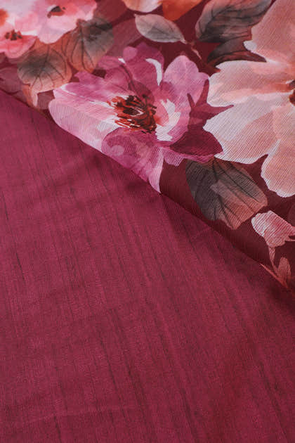 Wine Colour Floral Printed Chiffon Saree
