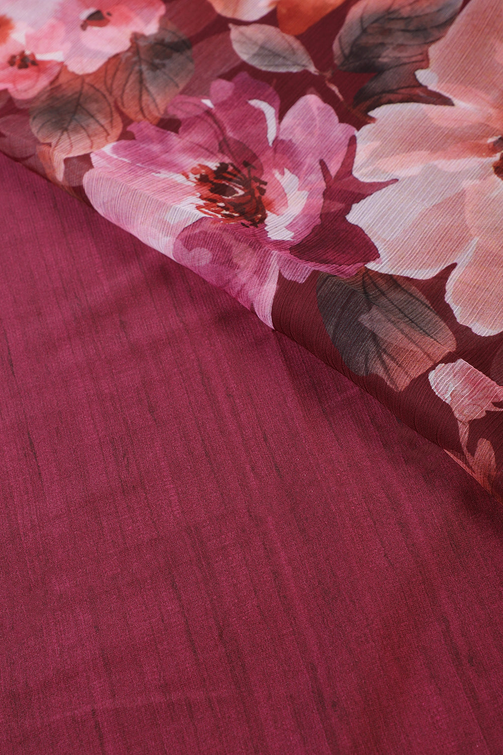 Wine Colour Floral Printed Chiffon Saree