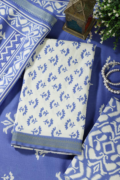 Blue Floral Block Print Cotton Unstitched Suit Fabric