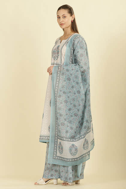 Cream Chanderi Cotton Hacoba Style & Floral Printed Unstitched Suit Material