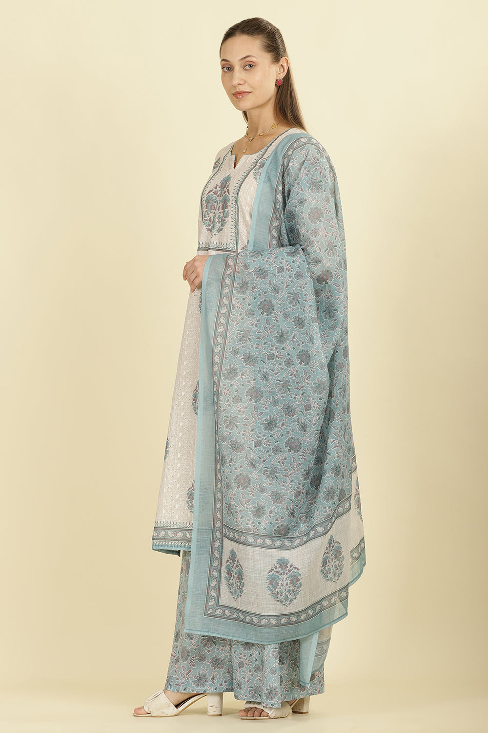 Cream Chanderi Cotton Hacoba Style & Floral Printed Unstitched Suit Material