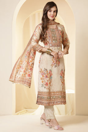 Tussar Color Shimmer Tissue Printed & Embroidered Suit Set