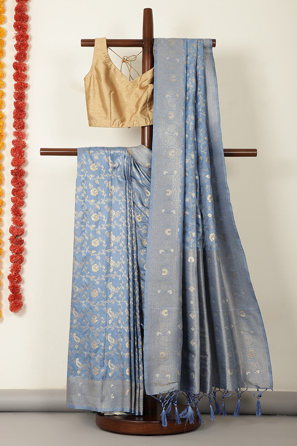 Cadet Grey Colour Zari Woven South Silk Saree