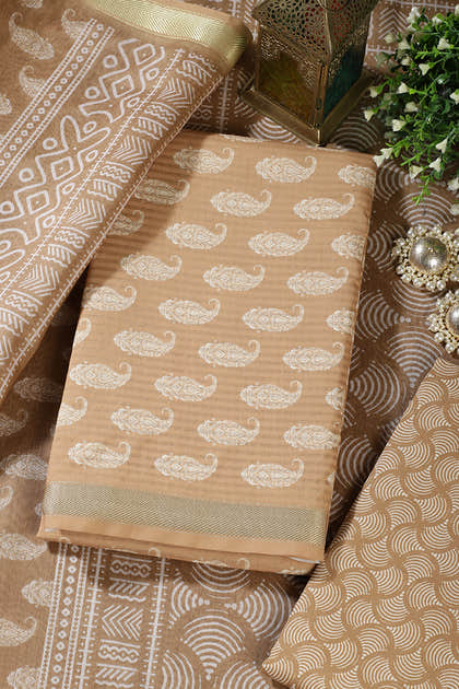 Fawn  Cotton Boota Block Print Unstitched Suit Fabric