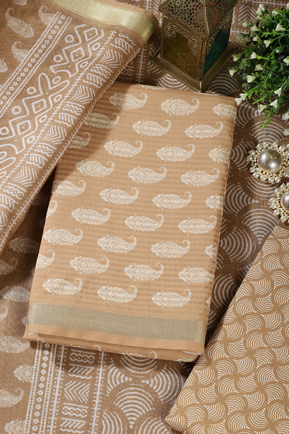 Fawn  Cotton Boota Block Print Unstitched Suit Fabric