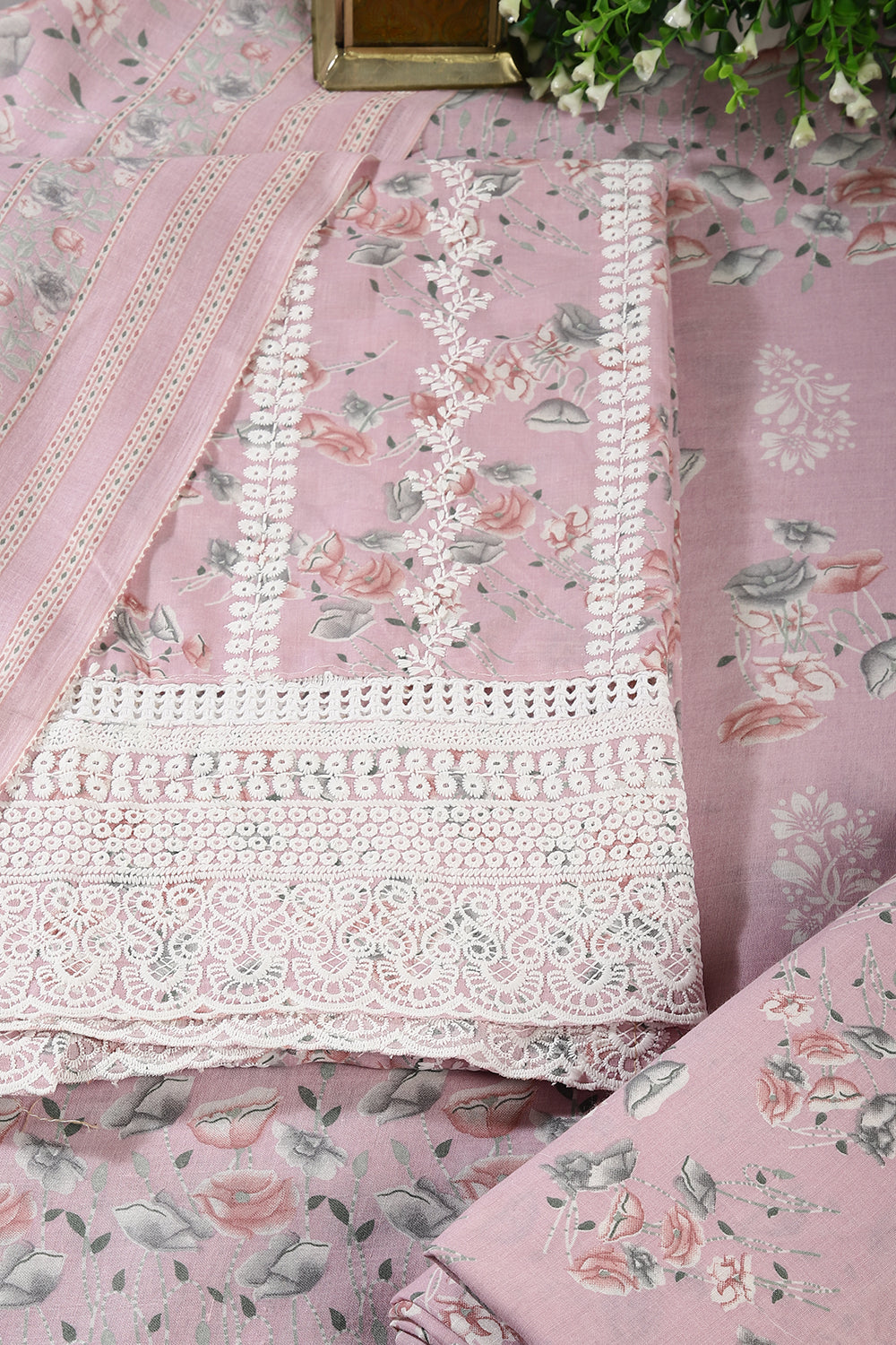 Pink Color Cotton Resham Embroidered And Lace Work Unstitched Suit Fabric