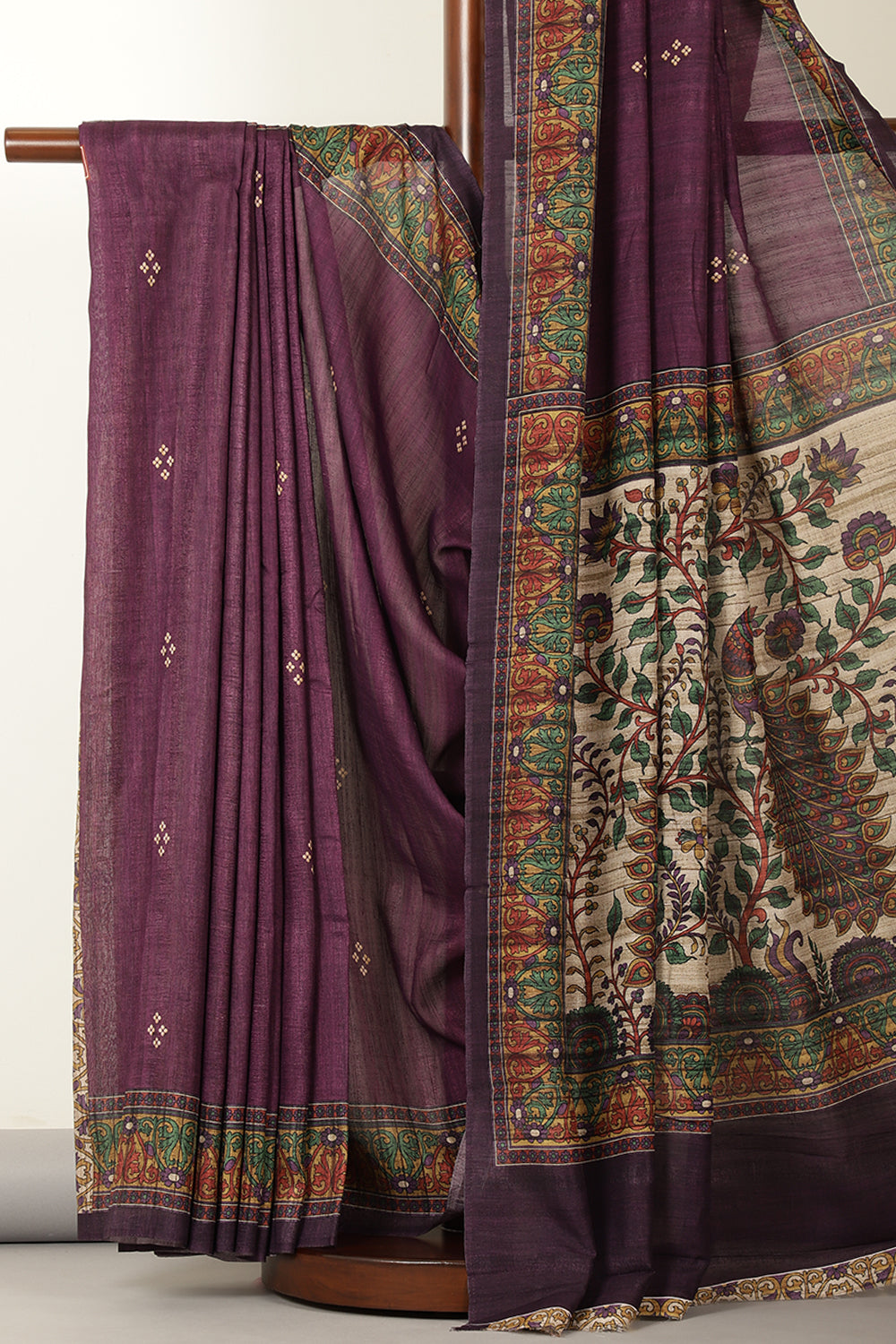 Purple Madhubani Printed Tussar Silk Saree