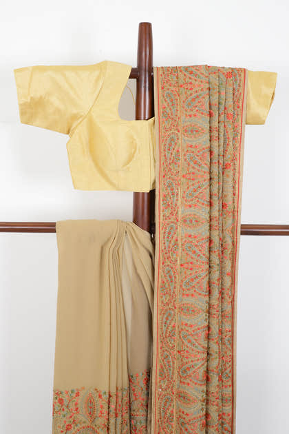 Beige Georggette Resham Embroidered And Swaroski Work Saree