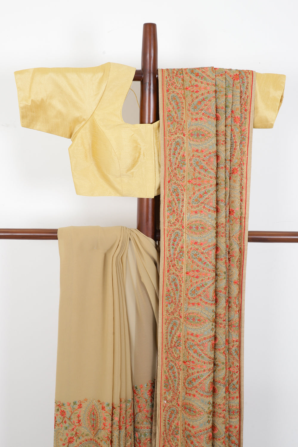 Beige Georggette Resham Embroidered And Swaroski Work Saree