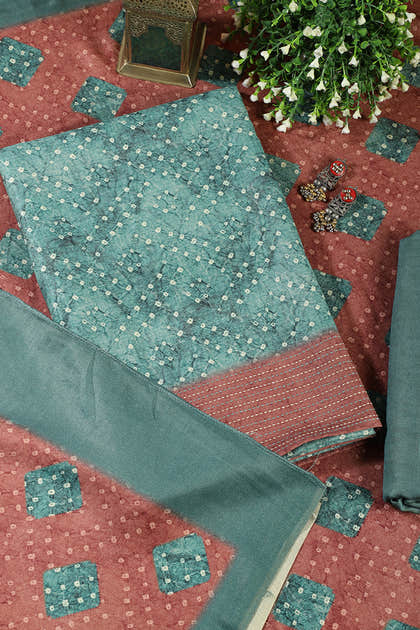 Teal Green Spun Bandhani Printed Unstitched Suit Fabric