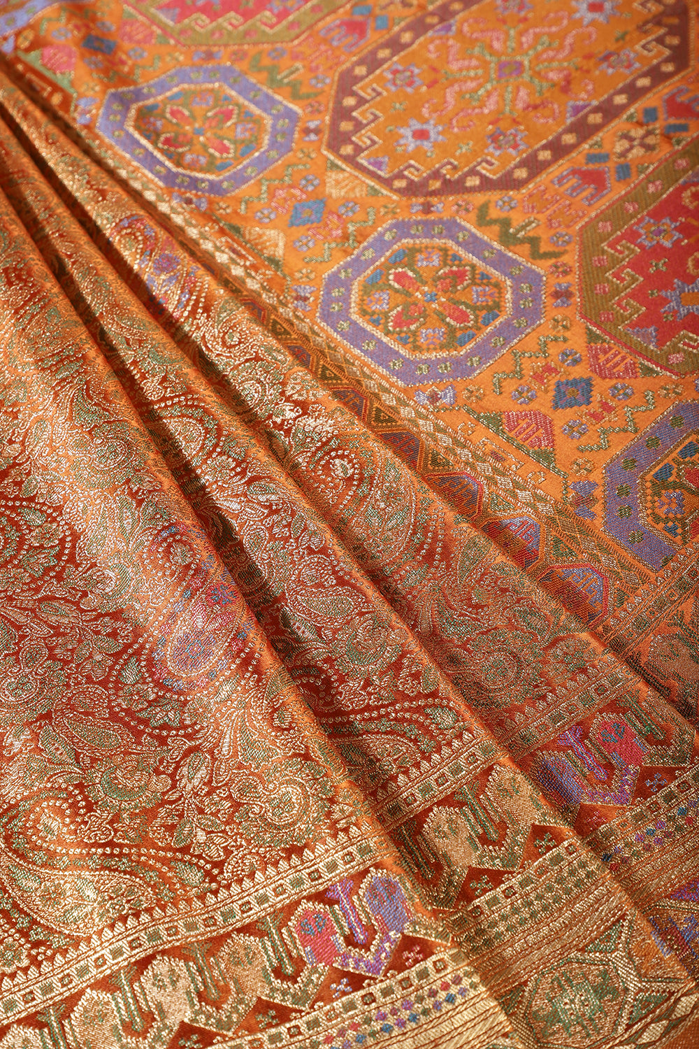 Mustard Baluchari Silk Meenakari Woven Saree