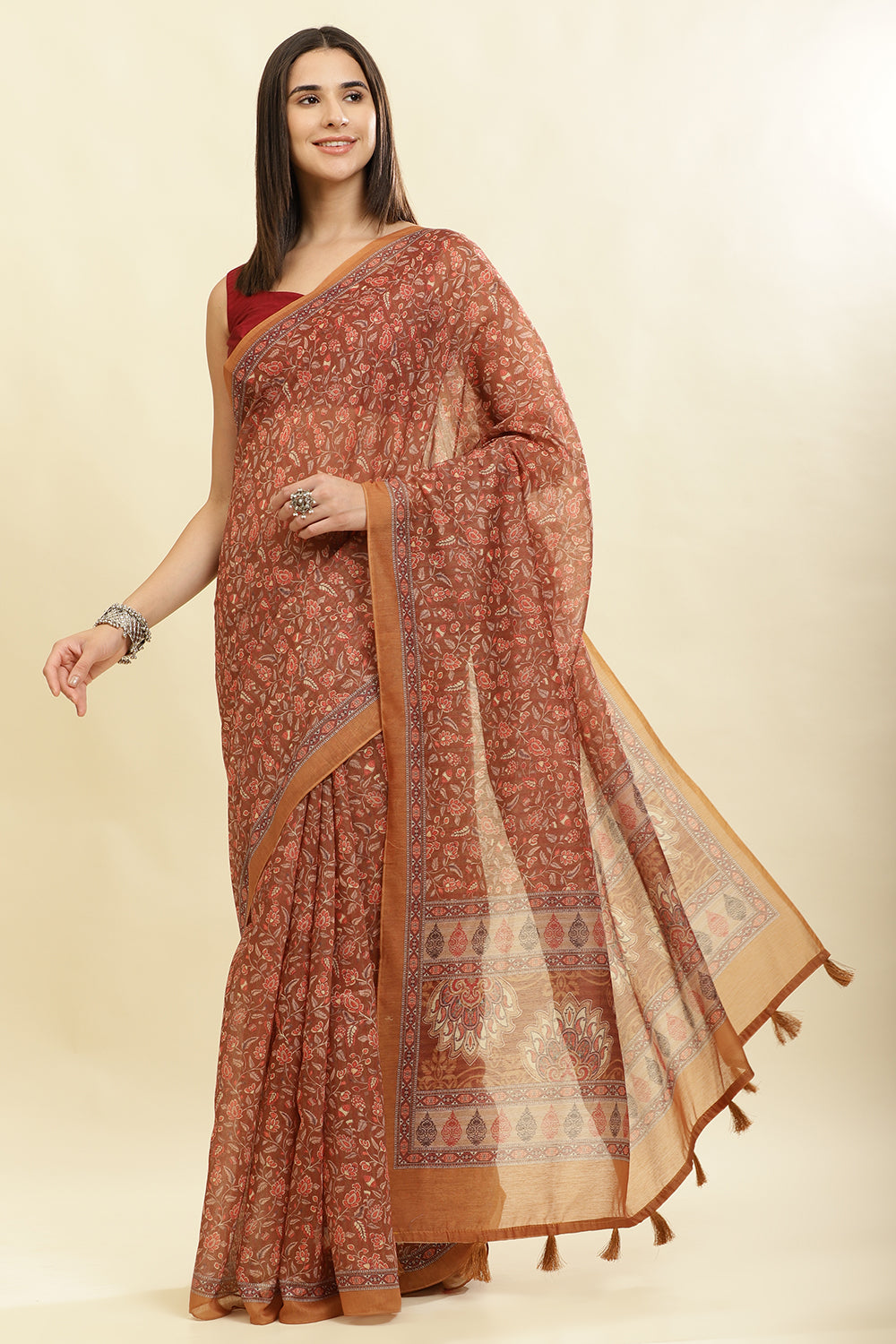 Brown Floral Printed Cotton Silk Saree