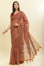 Brown Floral Printed Cotton Silk Saree