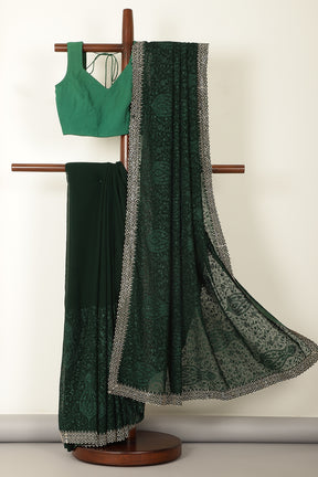 Bottle Green Georgette Resham Floral Jal Woven And Swarovski Work Saree
