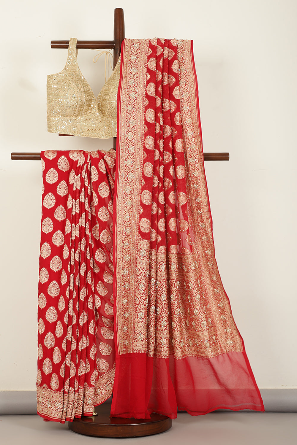 Red Pure Khaddi Georgette Banarasi Saree with Zardozi Handwork