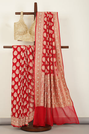 Red Pure Khaddi Georgette Banarasi Saree with Zardozi Handwork