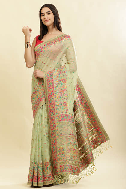 Pista Green Chanderi Cotton kashida Weaves Saree
