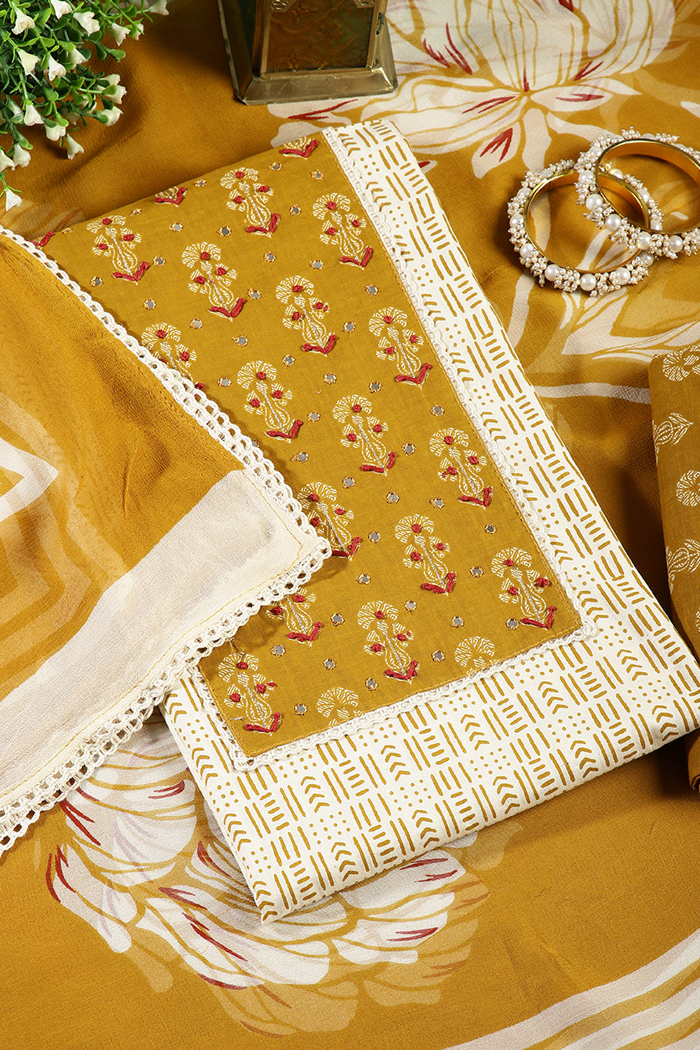 Mustard Color Cotton Printed Unstitched Suit Material