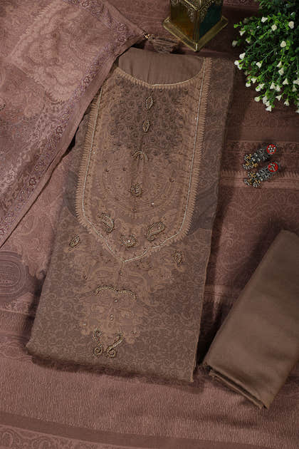 Brown Floral Jaal Printed Spun Unstitched Suit Material