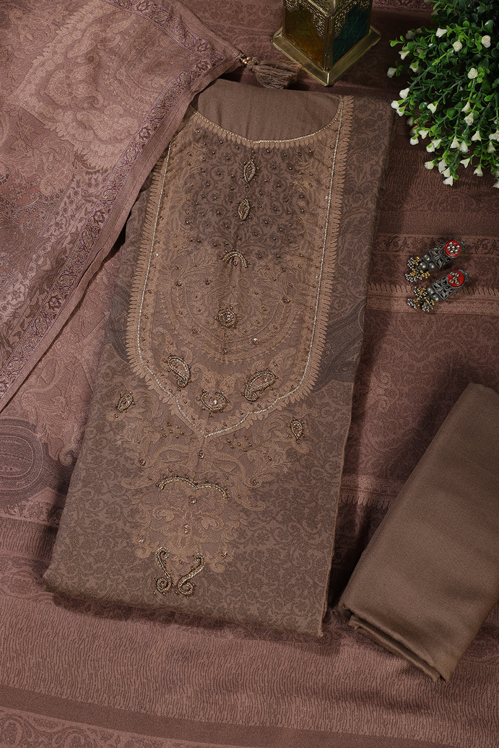 Brown Floral Jaal Printed Spun Unstitched Suit Material