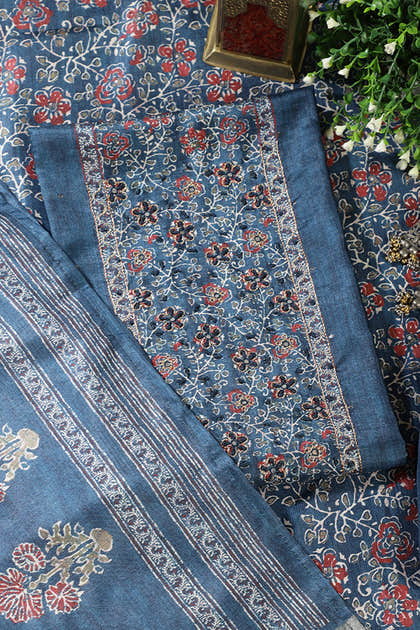Pacific Blue Chanderi Silk Mirror & Resham worked Unstitched Suit