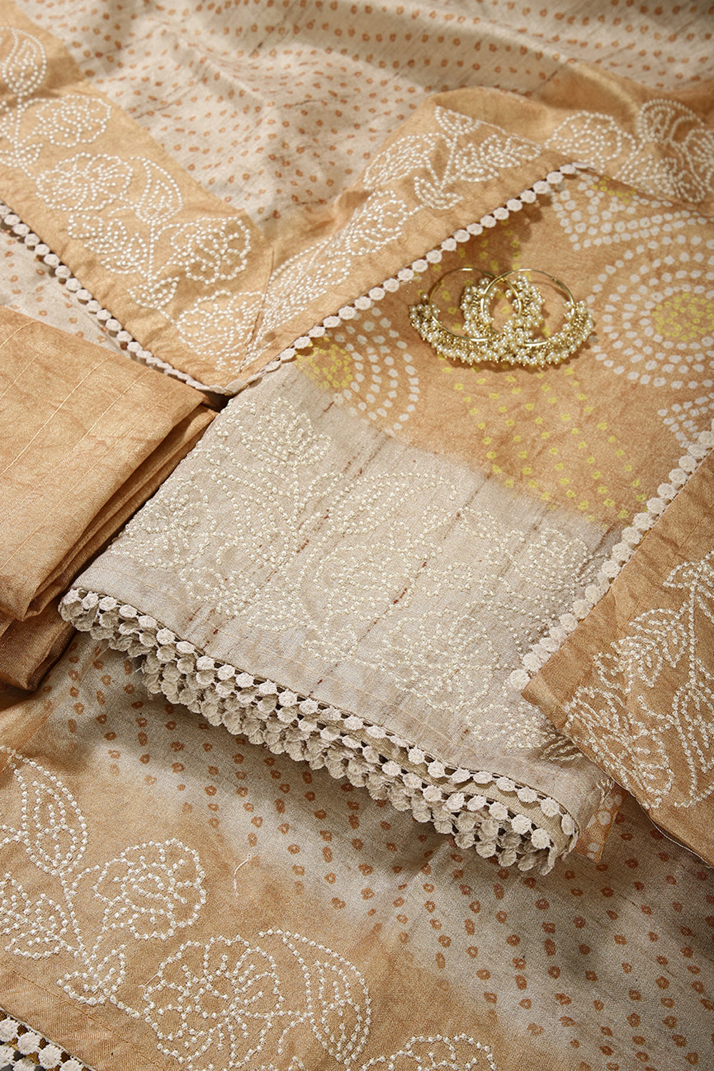 Mustard Color Tussar Silk Bandhani Printed Unstitched Suit Material