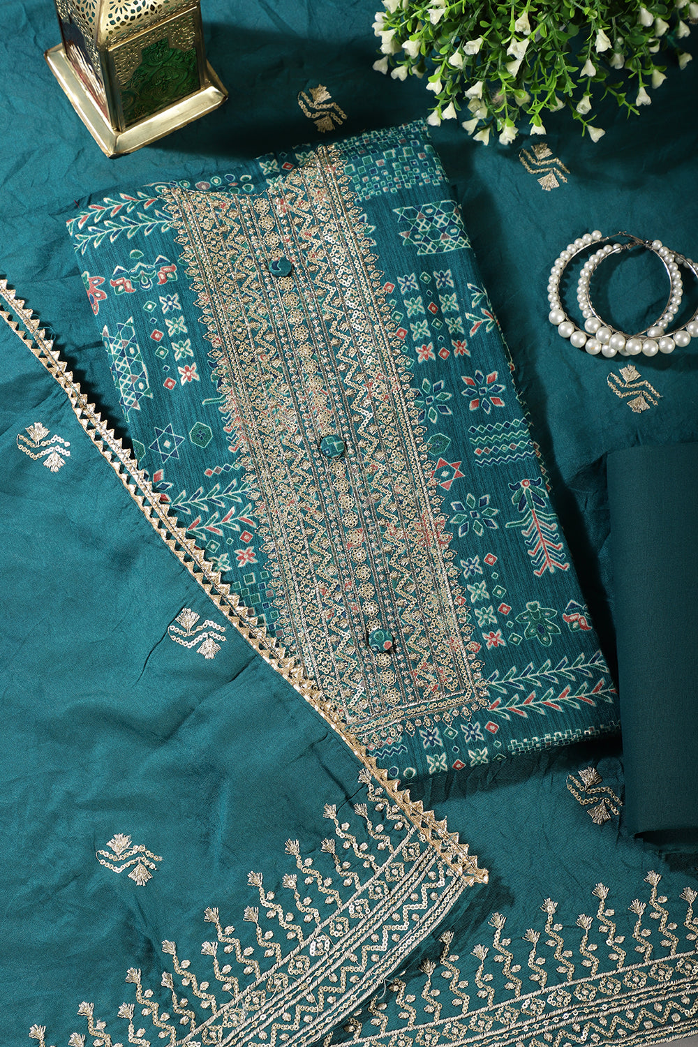 Teal Digital Printed & Neck Embroidered Cotton Unstitched Suit