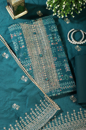 Teal Digital Printed & Neck Embroidered Cotton Unstitched Suit