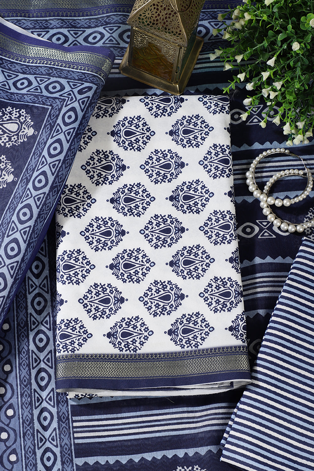 Blue And White Cotton Zari Border & Floral Block Print Unstitched Suit Material