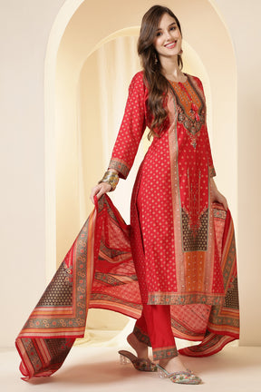Red Color Printed Silk Embroidered Suit Set