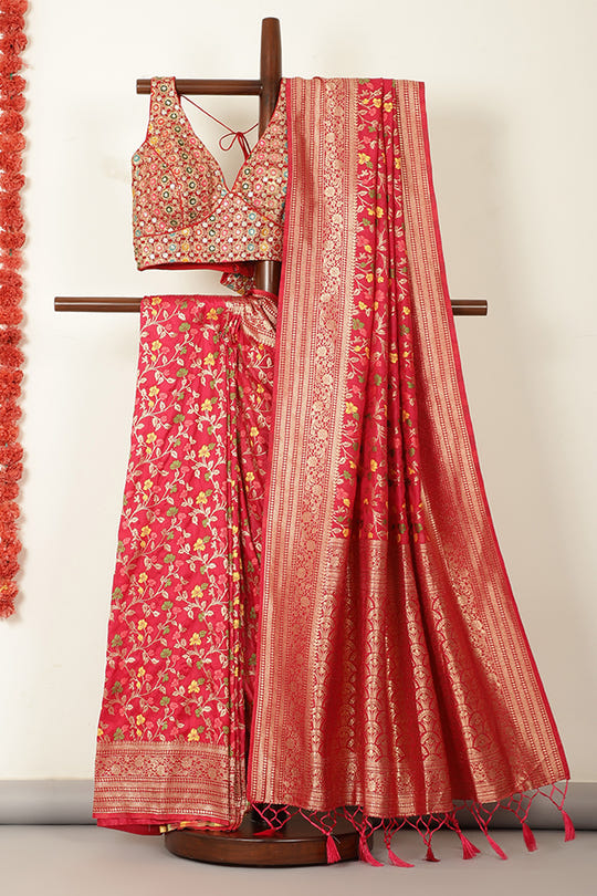 Valentine Red Silk Zari & Resham Woven Saree