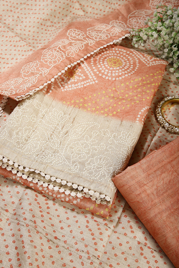 Blush Orange Color Tussar Silk Bandhani Printed Unstitched Suit Material