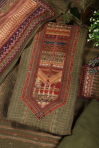 Olive Green Printed Spun Unstitched Suit Material