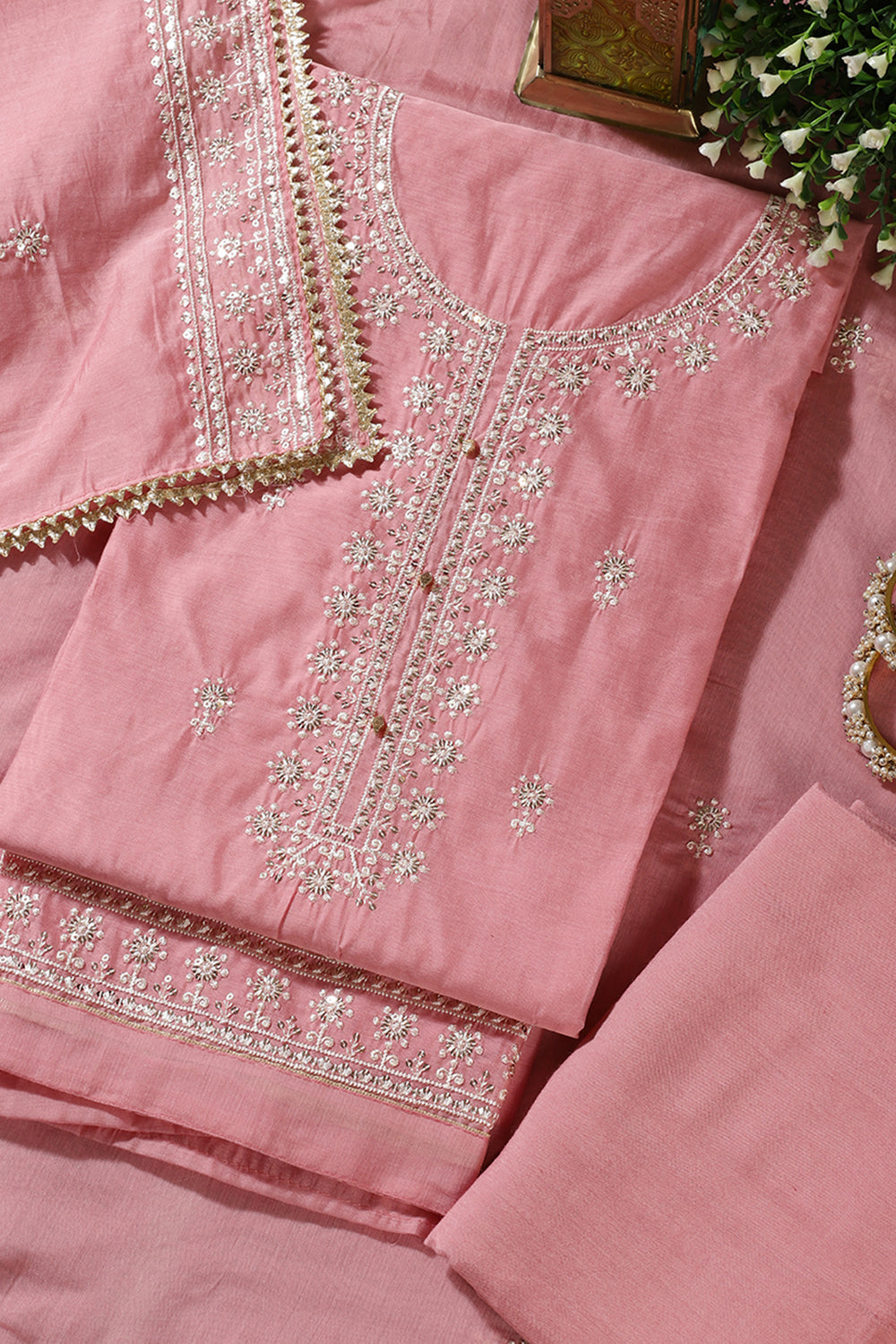 Pink Chanderi Silk Resham Embroidered Unstitched Suit Material