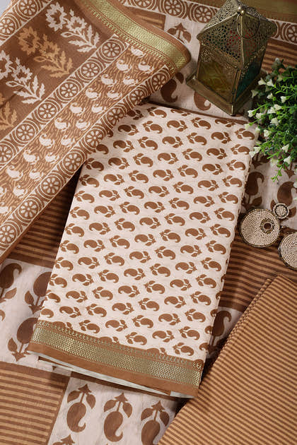 Cream & Brown Cotton Dabu Block Print Unstitched Suit Material